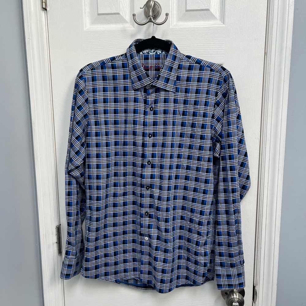 ROBERT GRAHAM Blue Plaid Classic Fit Button Down Shirt Mens XL 18 - 20 Cotton